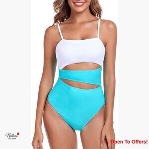 Geometric Cutout Bandeau One Piece Swimsuit with Adjustable Straps